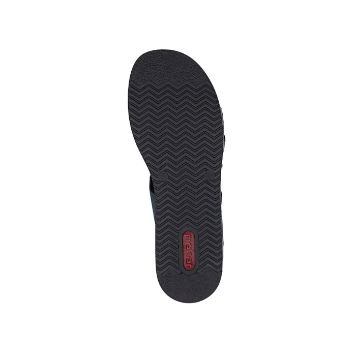 Wave tread pattern on slide sandal outsole with red Rieker logo on heel.