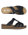 Pair of Navy slide sandals with sparkly upper, Velcro strap across vamp, tan Rieker logo'd footbed, and faux cord midsole.