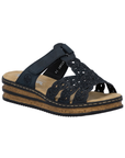 Navy slide sandal with sparkly upper, Velcro strap across vamp, tan Rieker logo'd footbed, and faux cord midsole.
