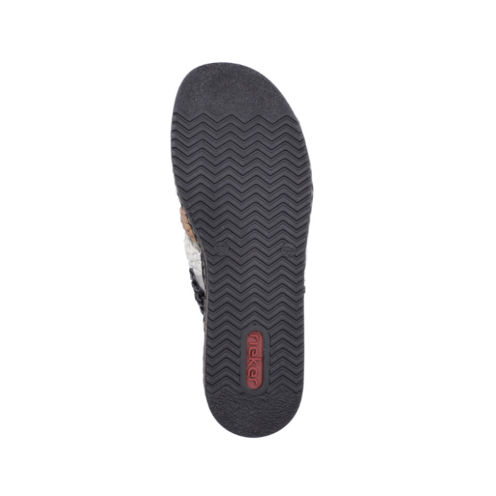 Black wave patterned outsole with red Rieker logo'd footbed.