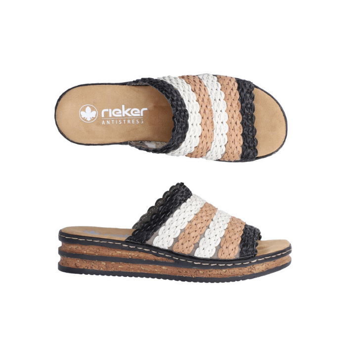 Pair of Black, brown and white platform slide sandals with woven band faux cork midsole with black line accents and a tan Rieker logo'd footbed.