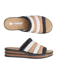 Pair of Black, brown and white platform slide sandals with woven band faux cork midsole with black line accents and a tan Rieker logo'd footbed.