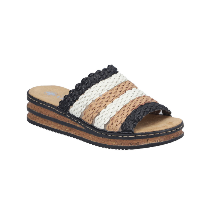 Black, brown and white platform slide sandal with woven band faux cork midsole with black line accents and a tan Rieker logo'd footbed.