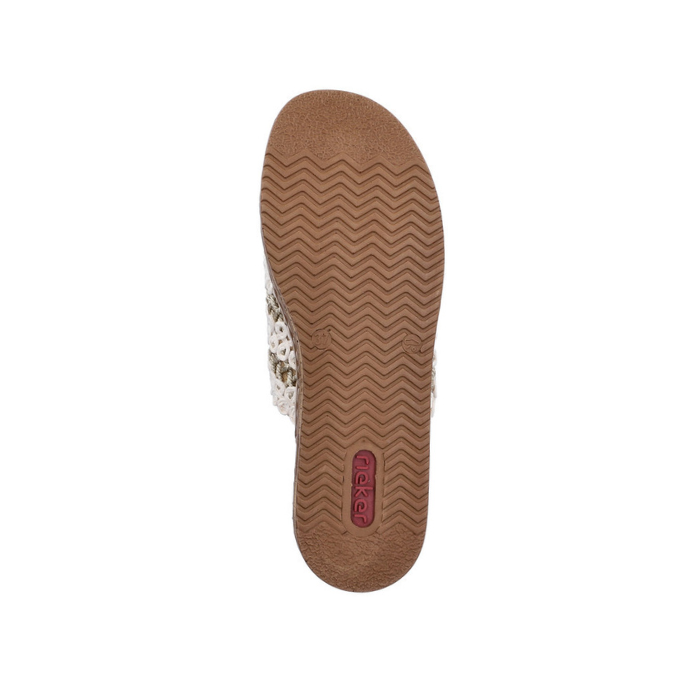 Brown wave tread pattern red Rieker logo on heel.