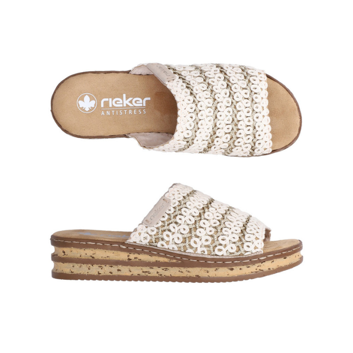 Pair of Off-white and beige platform slide sandals with woven band faux cork midsole with dark brown line accents and a tan Rieker logo'd footbed.