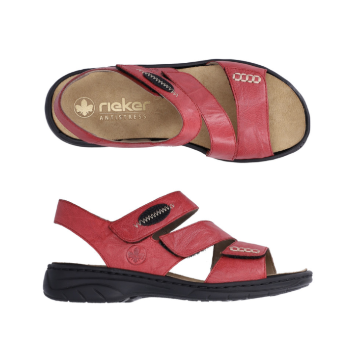 Pair of Backstrap Leather Sandals in redwith 3 Velcro straps across vamp, black accents, tan Rieker logo'd footbed and black outsole. 
