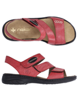 Pair of Backstrap Leather Sandals in redwith 3 Velcro straps across vamp, black accents, tan Rieker logo'd footbed and black outsole. 