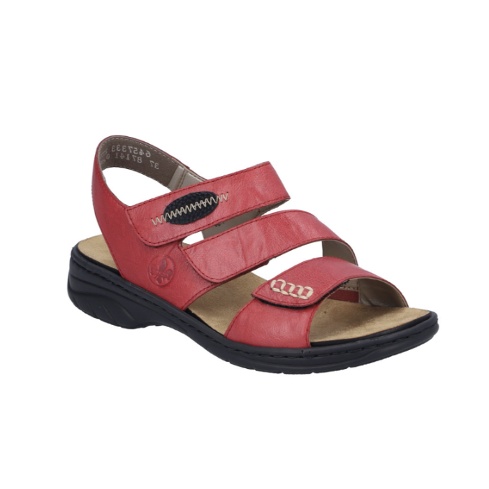 Backstrap Leather Sandal in redwith 3 Velcro straps across vamp, black accents, tan Rieker logo'd footbed and black outsole. 