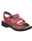 Backstrap Leather Sandal in redwith 3 Velcro straps across vamp, black accents, tan Rieker logo'd footbed and black outsole. 