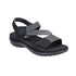 Black Backstrap Sandal with two white and black elastic straps with Velcro closures, black Rieker logo'd footbed and black outsole.