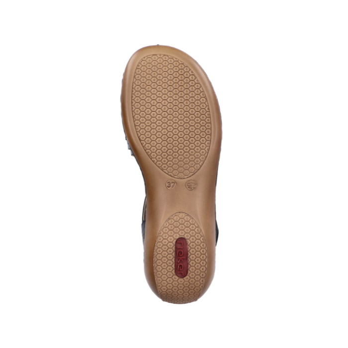Brown circle patterned, lightly textured outsole with red Rieker logo on heel.