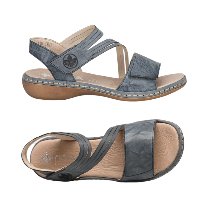 Pair of Blue Backstrap Leather Sandals with Velcro split style straps, tan Rieker logo'd footbed and brown outsole.