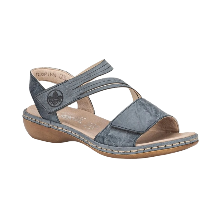 Blue Backstrap Leather Sandal with Velcro split style straps, tan Rieker logo'd footbed and brown outsole.