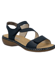 Navy leather sandal with looping Velcro straps, tan Rieker logo'd footbed and brown outsole.