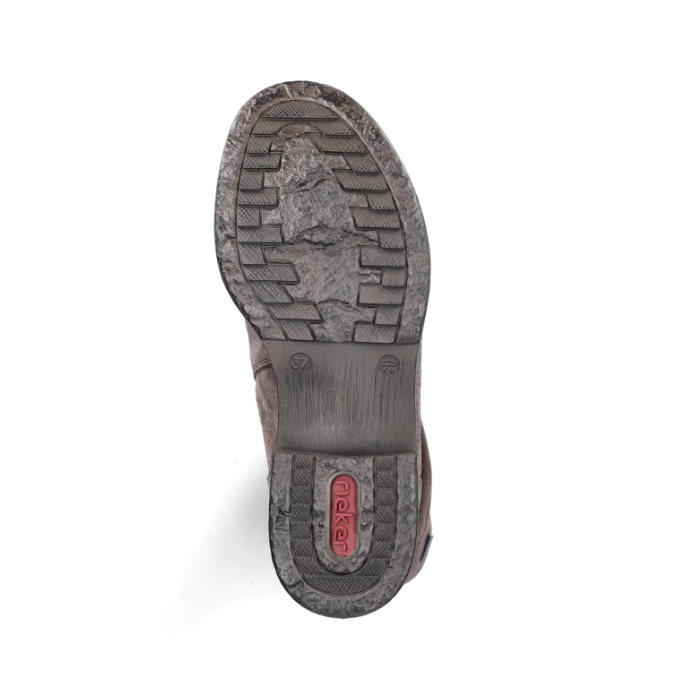 Dusty brown outsole with tread and red Rieker log stamped on heel.
