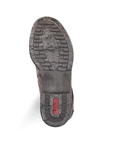 Dusty brown outsole with tread and red Rieker log stamped on heel.
