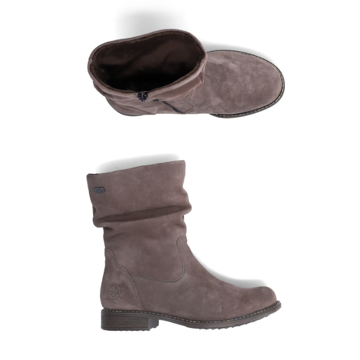 Pair of mid-calf boots in taupe brown suede, with a slouchy collar and a low block heel.