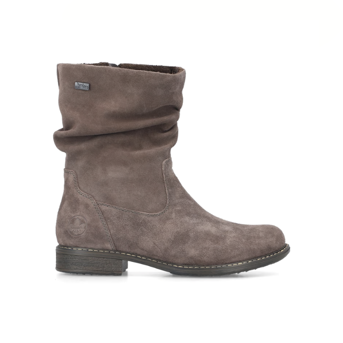 A mid-calf boot in taupe brown suede, with  a slouchy collar and a low block heel.