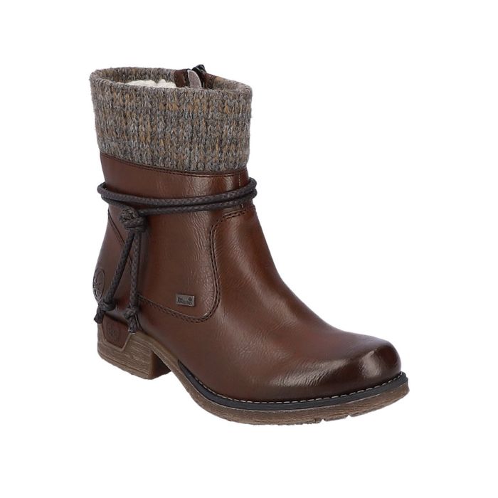 Brown  ankle boot with knit trim and decorative warp around rope by Rieker