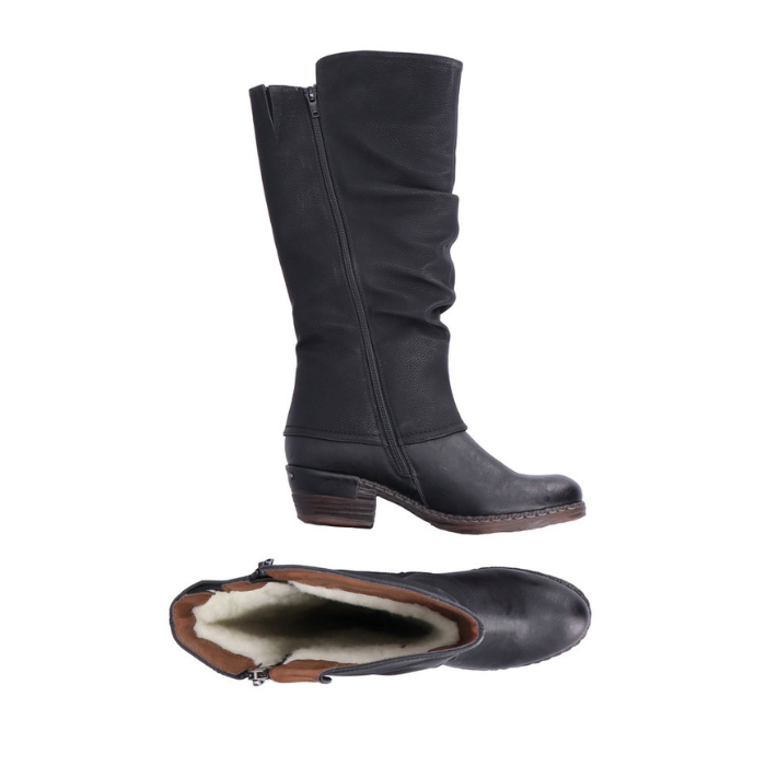 Tall black western inspired boot with low heel and outside zipper detail.