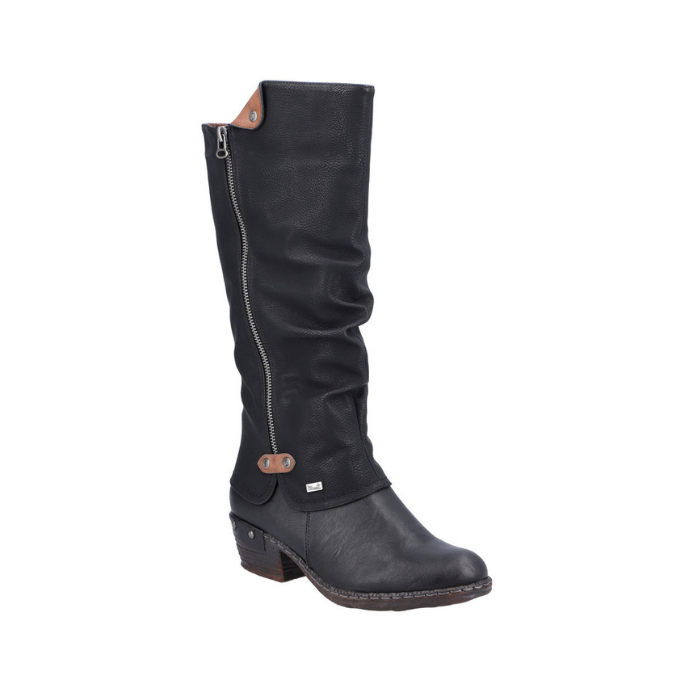 Tall black western inspired boot with low heel and outside zipper detail.