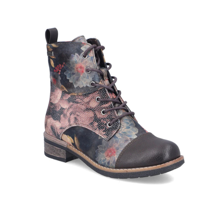 Floral patterned lace combat boot with low heel and black toe cap.