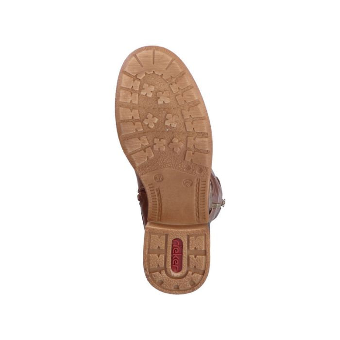 Brown rubber outsole with red Rieker logo on heel. 