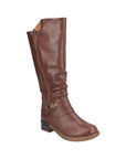 Brown tall boot with low heel and outside zipper detail..