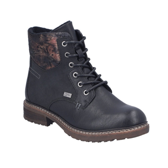 Black lace up boots with floral cuff inside zipper and a low heel.