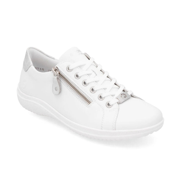 Lace-up sneaker in white leather with side zipper, silver charm on bottom lace and silver heel accent.