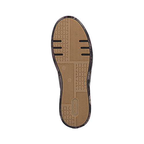 Tan outsole with geometric tread pattern designs and a Rieker logo stamped in heel.