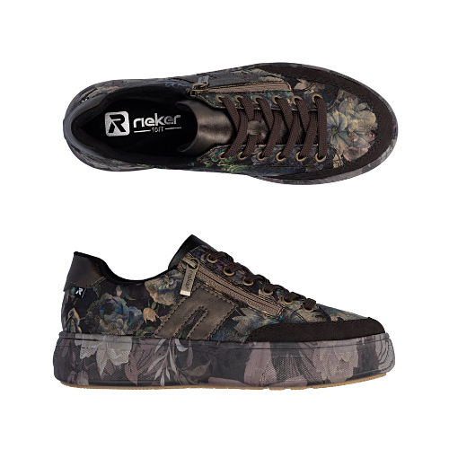Pair of low-top platform sneakers with dark brown accents, dark brown laces, and a deep purple and brown floral camouflage pattern on the upper and midsole.