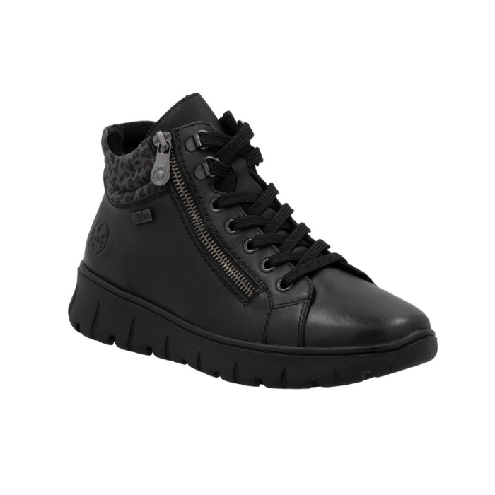 Black ankle boot with a zipper, black laces, black leopard print cuff and black  light treaded outsole.