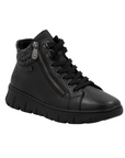 Black ankle boot with a zipper, black laces, black leopard print cuff and black  light treaded outsole.