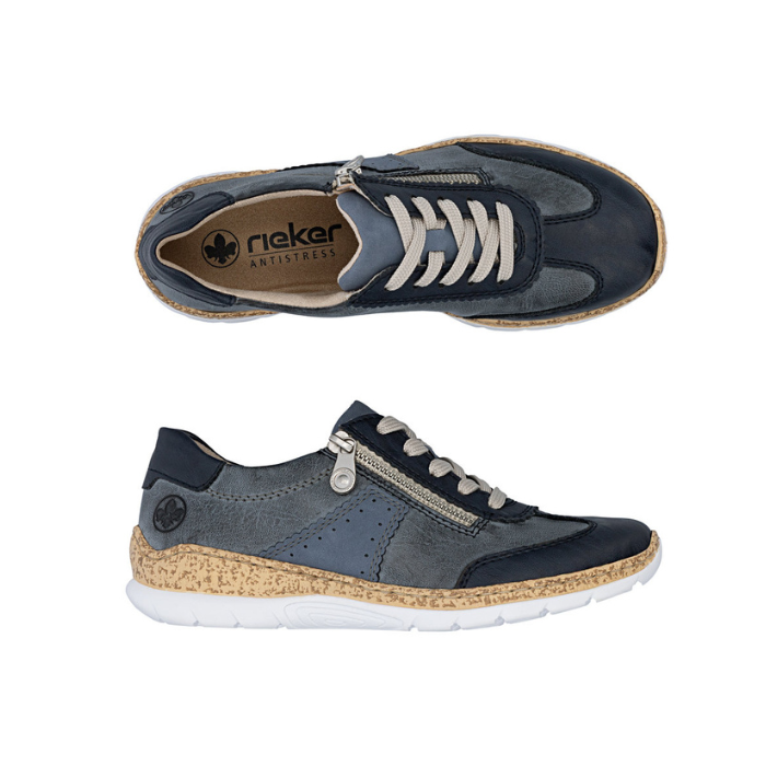 Pair of Navy sneakers with light blue accent panels, beige lace, side zipper, tan Rieker logo'd footbed, faux cork midsole and white outsole.