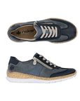 Pair of Navy sneakers with light blue accent panels, beige lace, side zipper, tan Rieker logo'd footbed, faux cork midsole and white outsole.