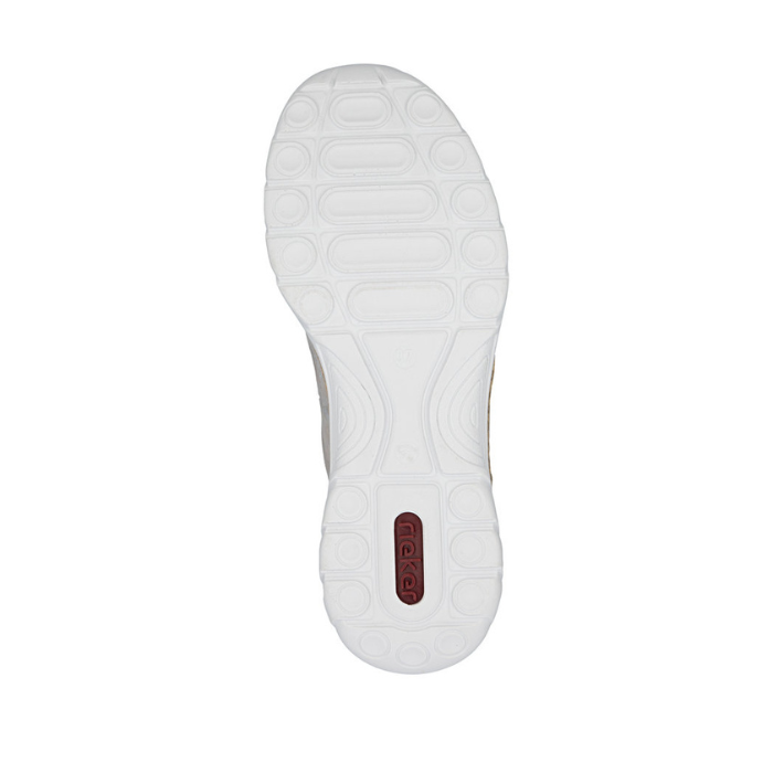 White light treaded outsole with circle and oval patterns and red Rieker logo stamped in heel.