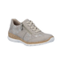 Soft beige sneaker with shimmery accent panels, lace, side zipper, faux cork midsole and white outsole.
