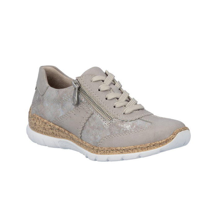 Soft beige sneaker with shimmery accent panels, lace, side zipper, faux cork midsole and white outsole.