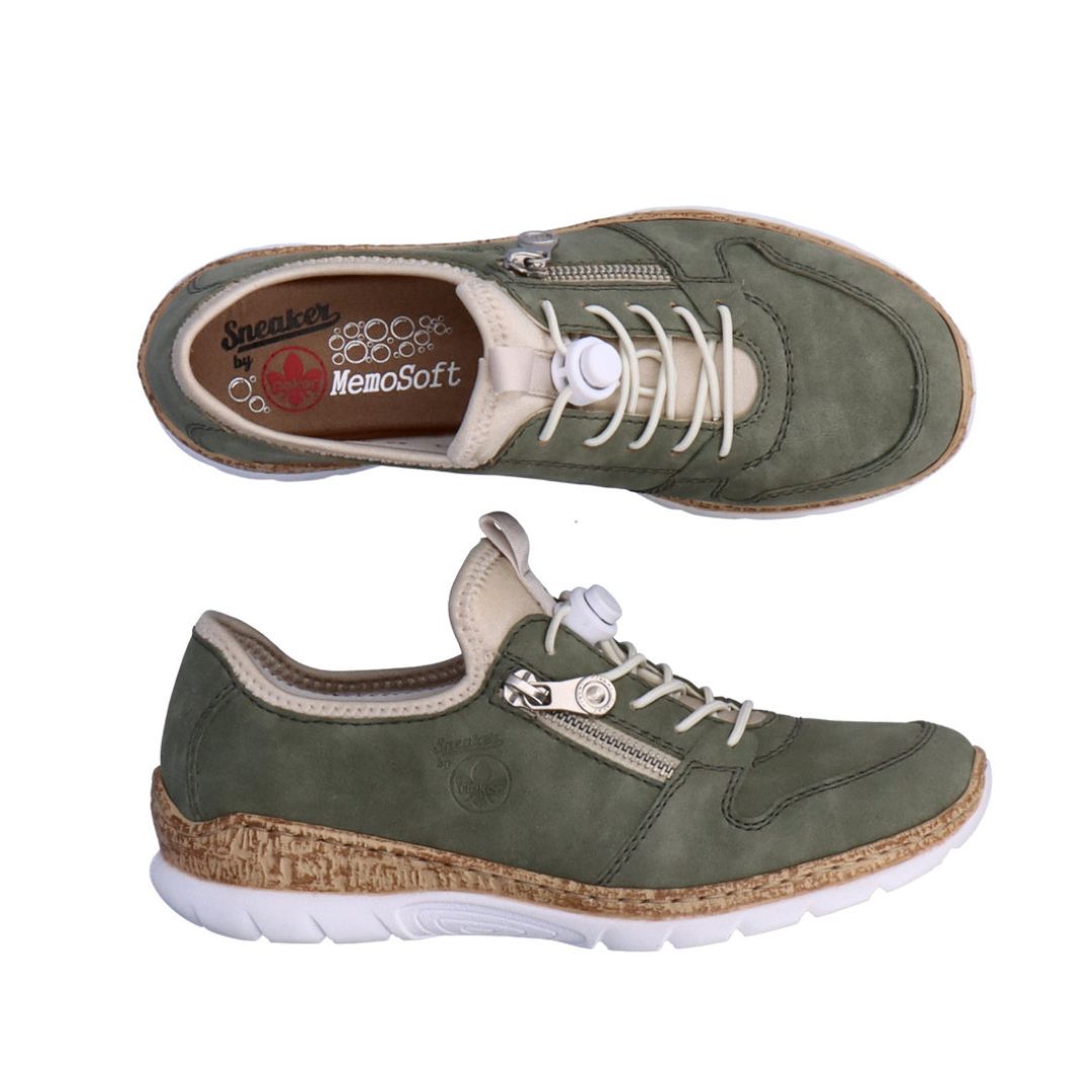 Top and side views of the Rieker N42G0 women's slip-on sneaker showing flexible leather upper, zipper detail, and comfort-focused design.