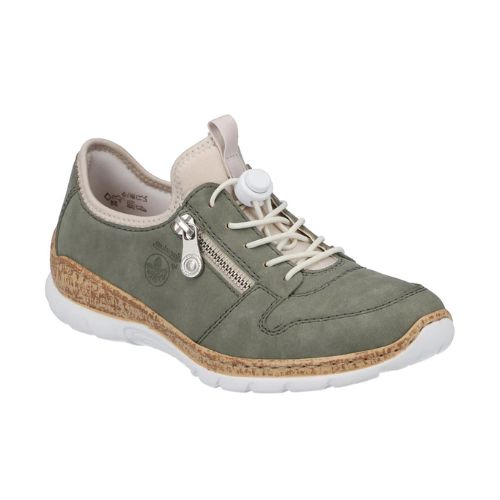 Women's Rieker N42G0 slip-on sneaker in olive green with cushioned Memo-Soft insole and bungee closure, ideal for casual wear.