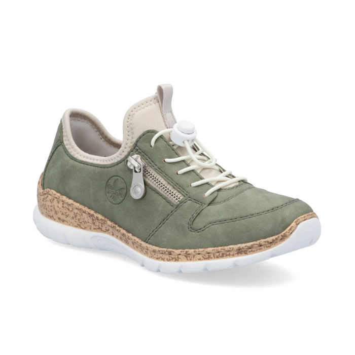 Women's Rieker N42G0 slip-on sneaker in olive green with cushioned Memo-Soft insole and bungee closure, ideal for casual wear.