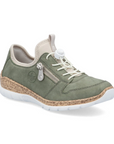 Women's Rieker N42G0 slip-on sneaker in olive green with cushioned Memo-Soft insole and bungee closure, ideal for casual wear.