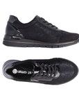 Top and side view of black lace up sneaker with low wedge outsole and side zipper closure. Remonte logo on black insole.
