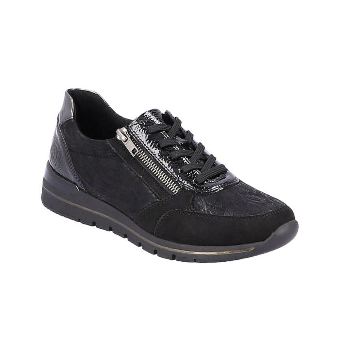 Black lace up sneaker with low wedge outsole and side zipper closure.
