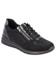 Black lace up sneaker with low wedge outsole and side zipper closure.