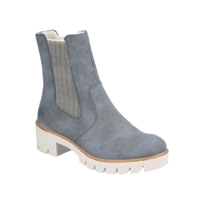 Blue Chelsea boot with platform lugged white outsole.