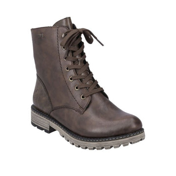 Brown leather combat boot with light brown outsole.