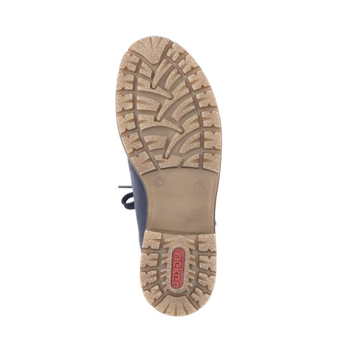 Brown outsole of women's boot with red Rieker logo on heel. 