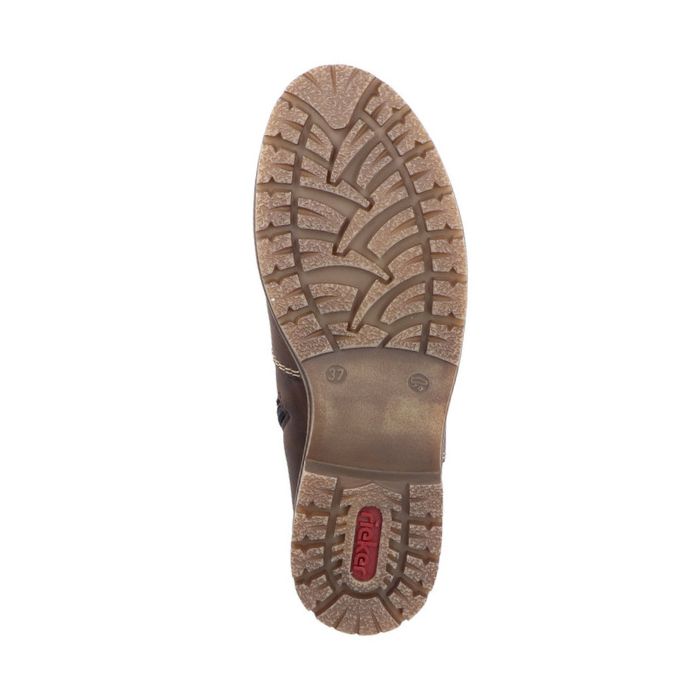 Brown rubber outsole with red Rieker logo on heel.